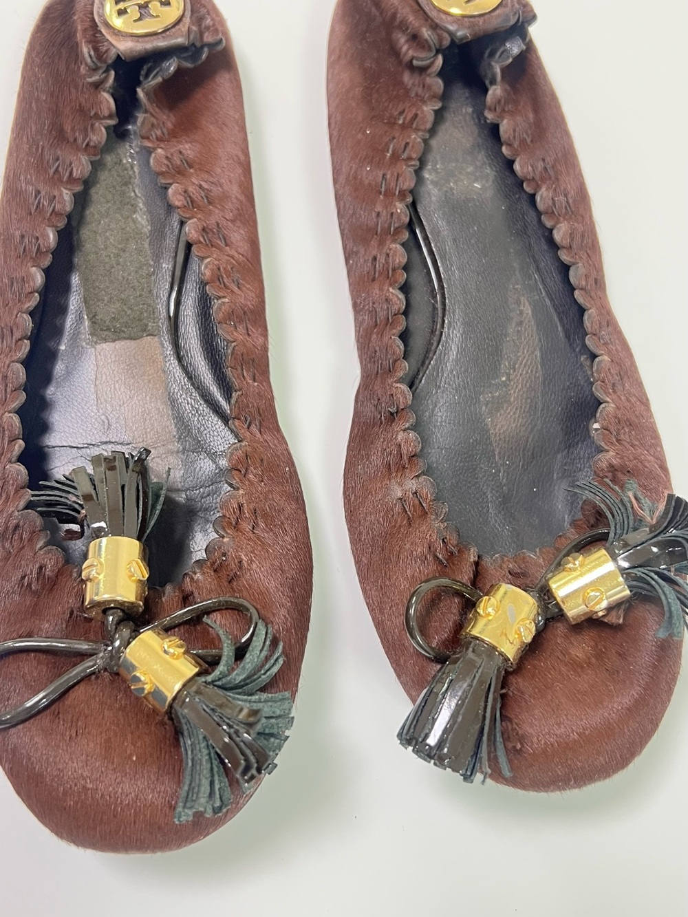 Tory Burch Brown Suede Tassel Trim Ballet Flats with Gold Logos